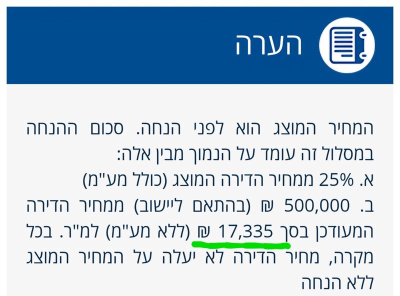 דוגמה לכרטיס הערה עם מחיר הדירה המעודכן מסומן